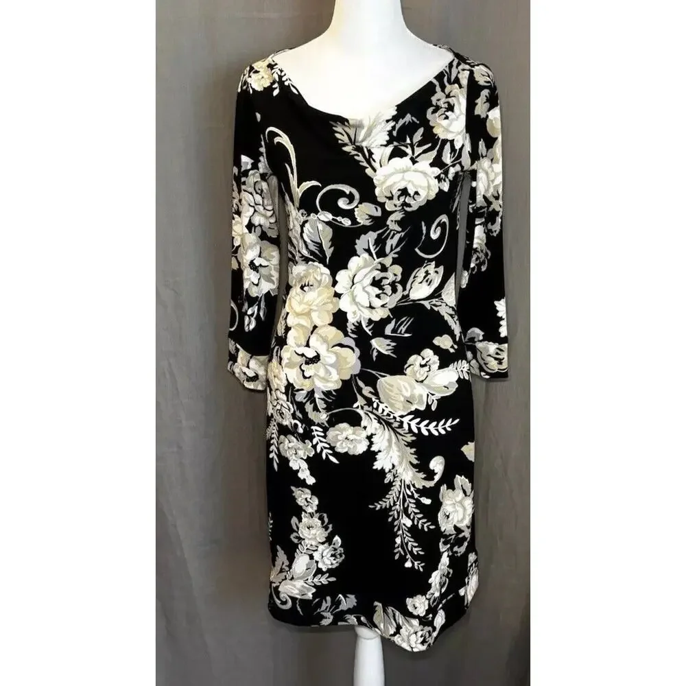 White House Black Market Dress Womens XXS Black Floral Knee Length Midi